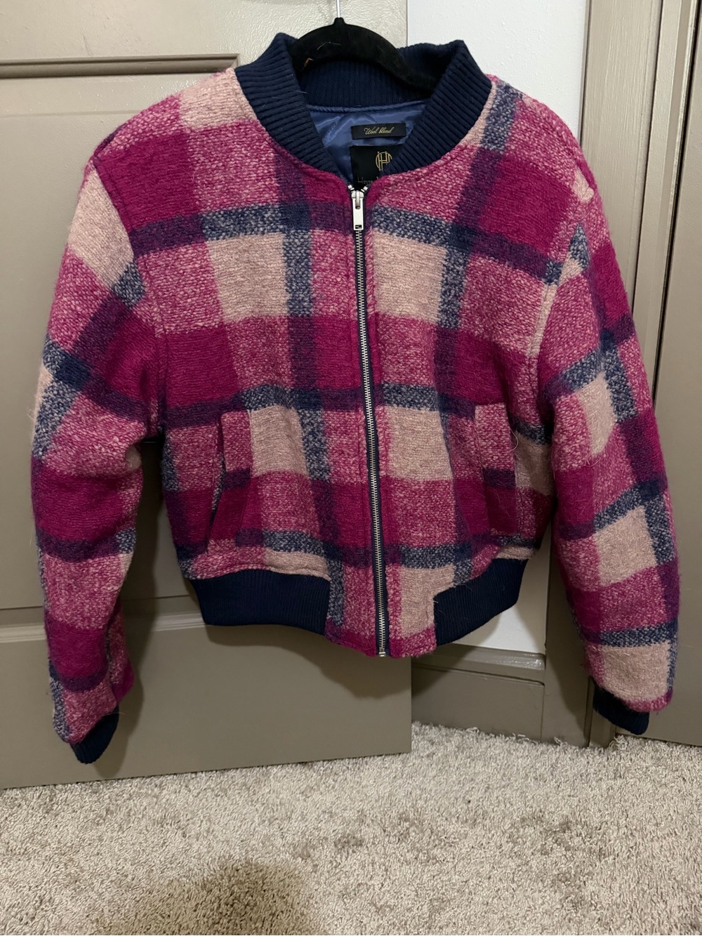 House of Harlow 1960 Pink Plaid Bomber Jacket with Navy Trim